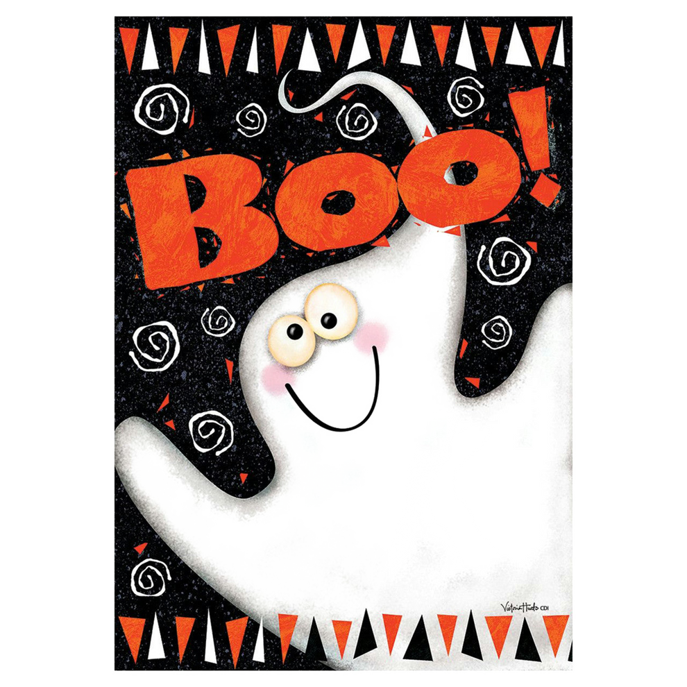 Decorative Halloween themed garden banner with a ghost and 'Boo"