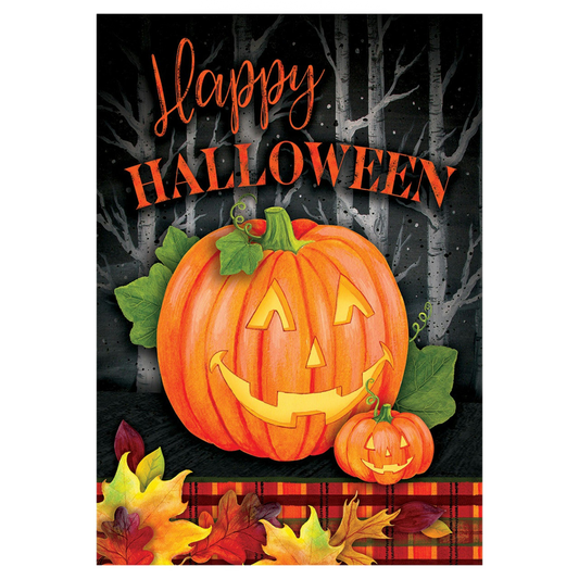 Happy Halloween decorative flag with a carved pumpkin and autumn leaves on a dark background.