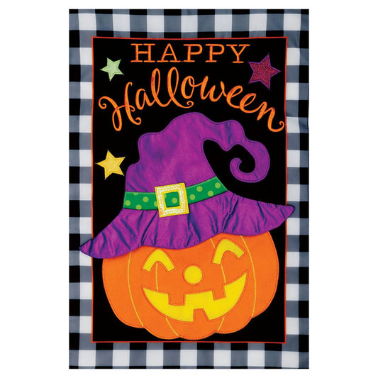 Halloween-themed decorative flag with a purple witch hat, orange pumpkin, and checkered border.
