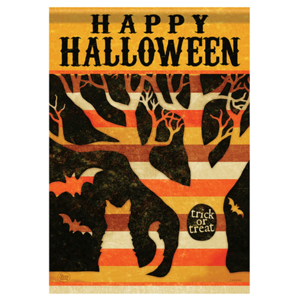 Halloween-themed garden flag with black cat, bats, and striped background.