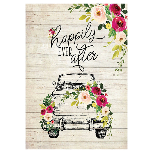 Decorative flag with 'Happily Ever After' text, vintage car illustration, and floral elements on a wooden background.