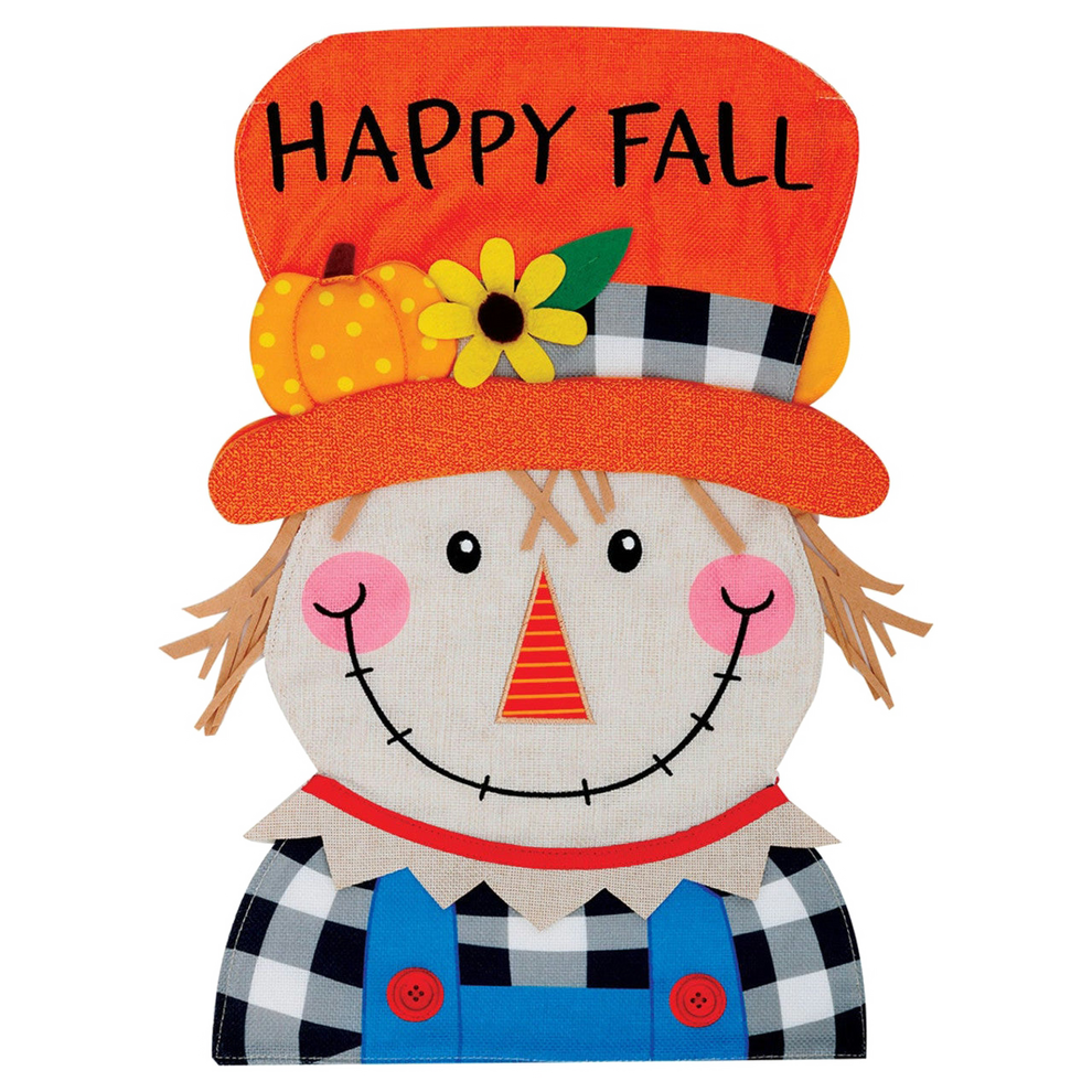 Scarecrow decorative flag with 'Happy Fall' hat on a white background