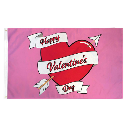 Valentine's Day-themed flag with a heart, arrow, and 'Happy Valentine's Day' text on a pink background.