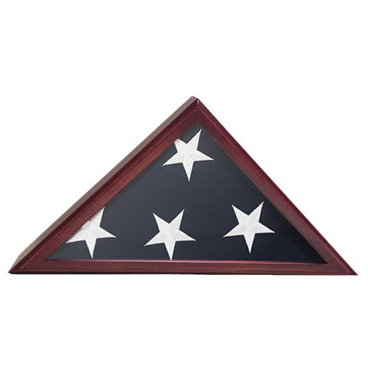 A triangular flag display case with a wooden frame on a white background featuring.  The flag is folded showing four white stars and the blue canton