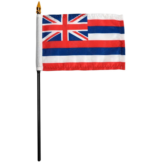 State of Hawaii stick flag featuring the traditional eight horizontal white, red, and blue stripes with the British Union Jack canton in the top left corner.
