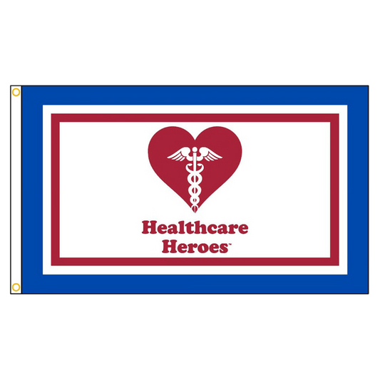 Flag with a red heart and caduceus symbol, featuring the text 'Healthcare Heroes', on a white background.