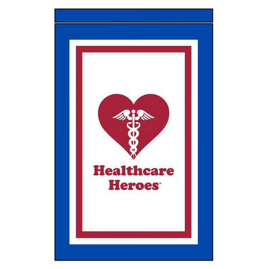 Flag with a red heart and 'Healthcare Heroes' text on a white background