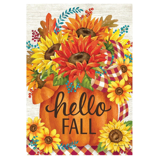 Decorative flag with sunflowers, pumpkins, and 'hello fall' text on a white background