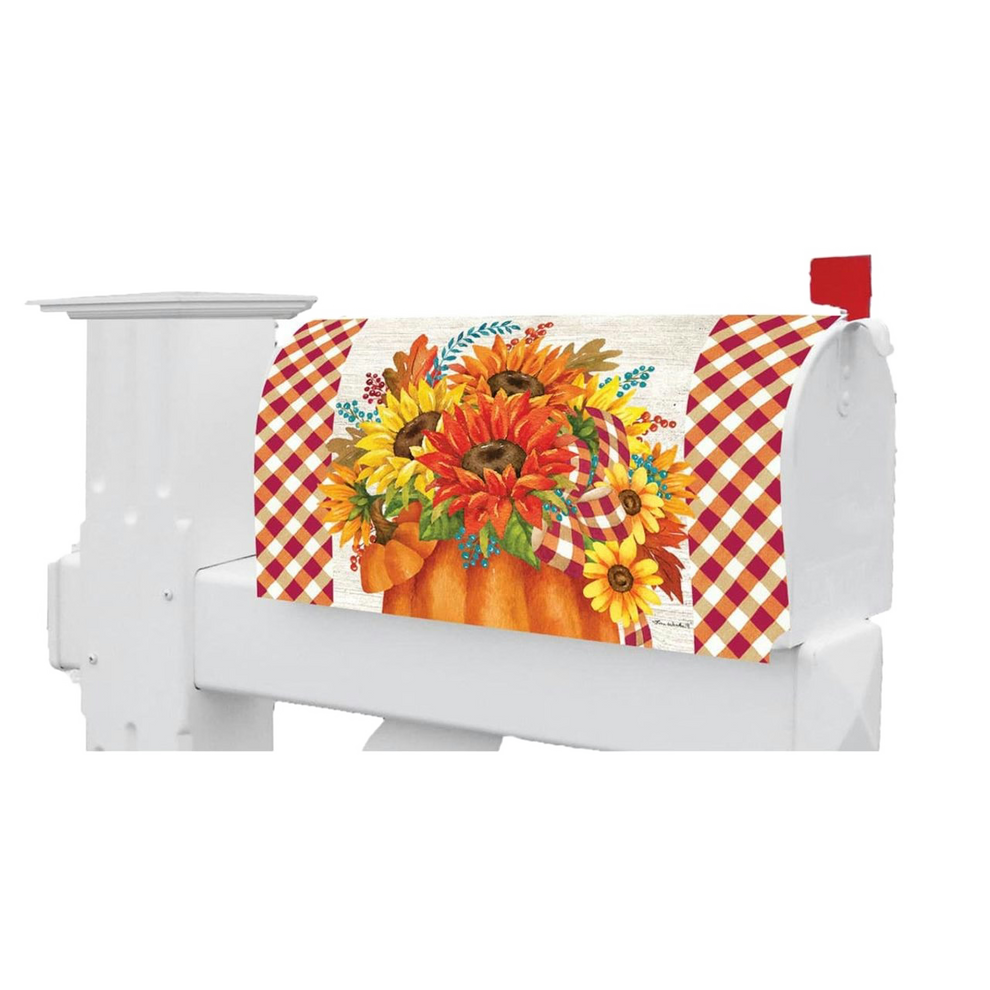 White mailbox with a decorative cover featuring sunflowers and checkered pattern on a white background