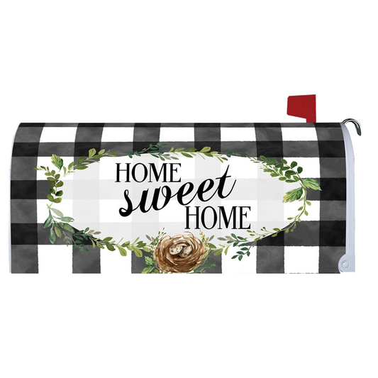 Mailbox cover with 'Home sweet home' text, checkered pattern, and decorative elements on a white background.