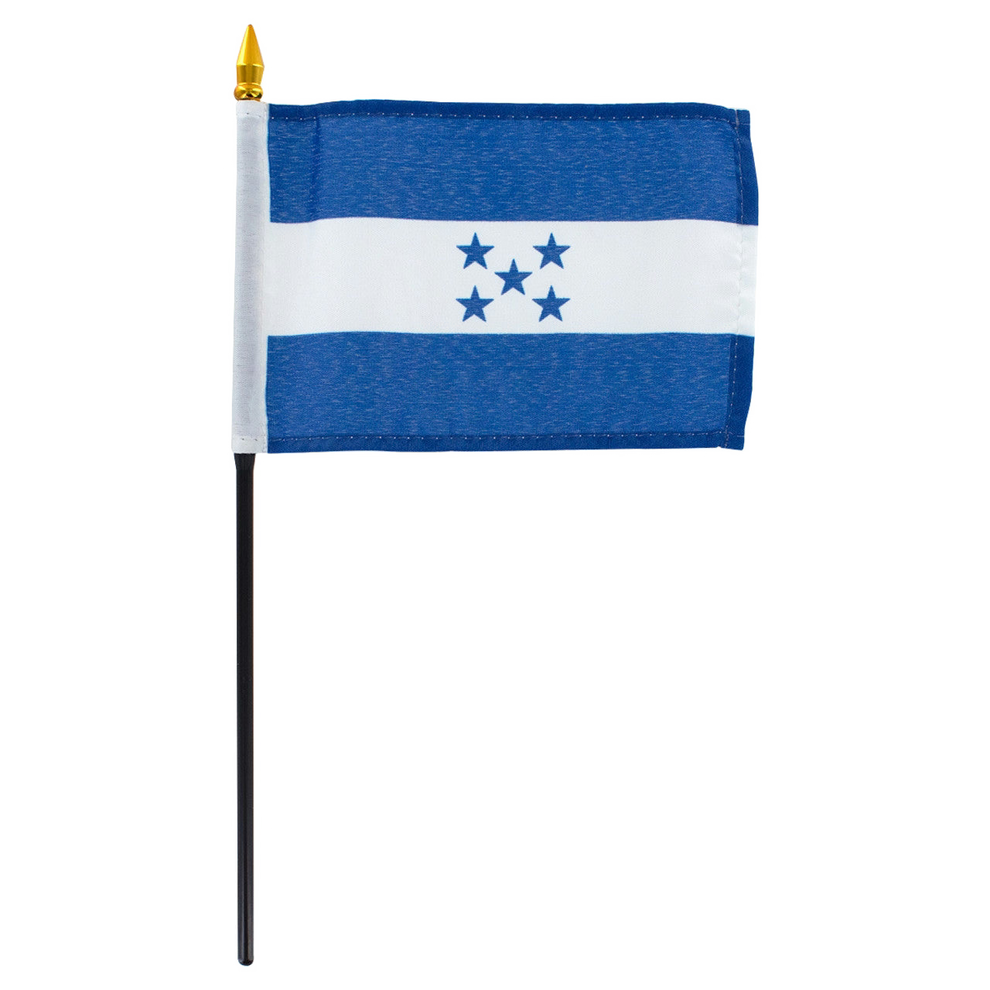 Small Honduras flag with blue and white stripes and blue stars on a white background
