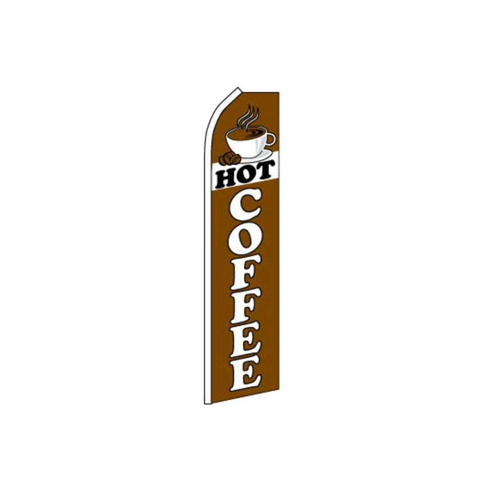 Brown swooper flag with 'Hot Coffee' text and a coffee cup icon on a white background