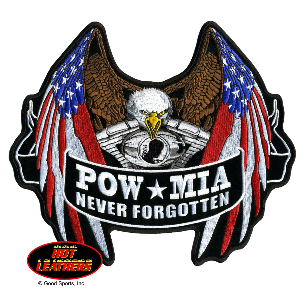 Patch with eagle, American flag, and 'POW MIA Never Forgotten' text on a white background.