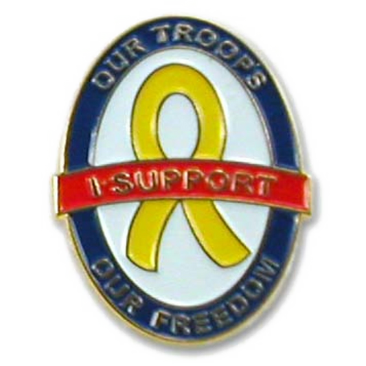Pin with yellow ribbon and text 'Our Troops, I Support Our Freedom' on a white background