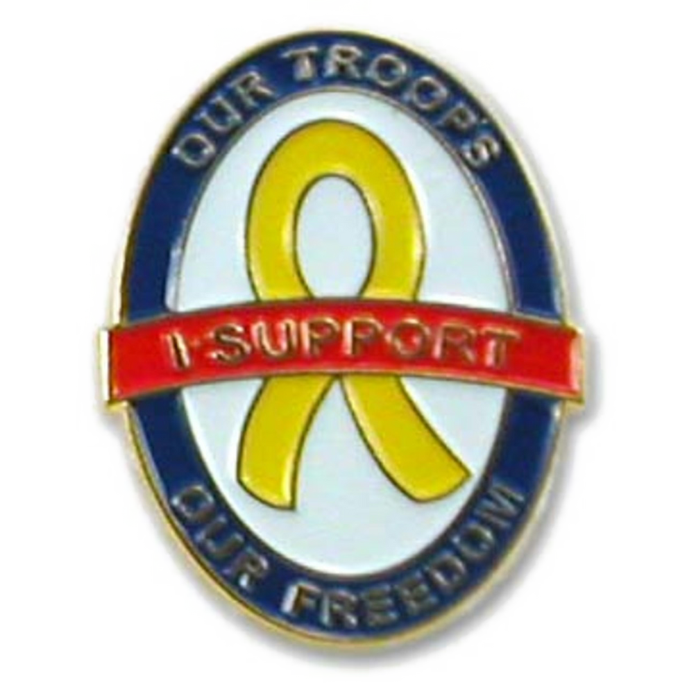 Pin with yellow ribbon and text 'Our Troops, I Support Our Freedom' on a white background