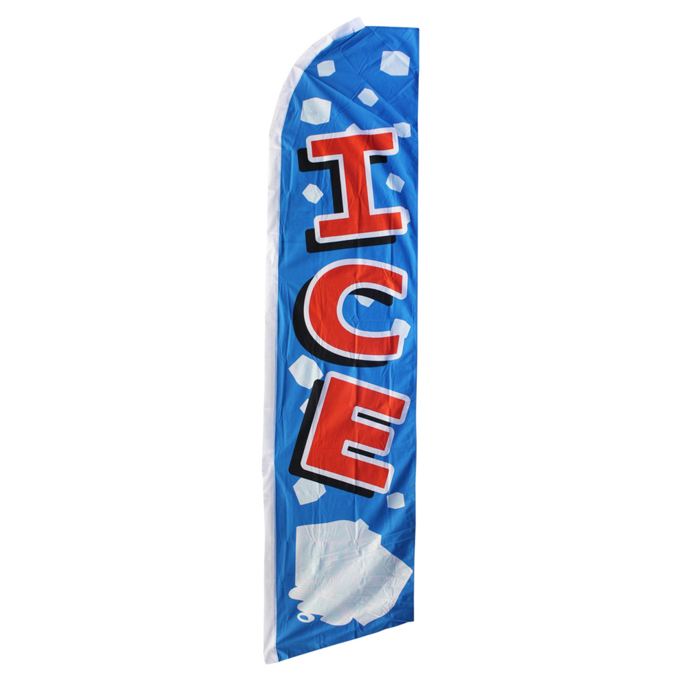 Swooper flag with 'ICE' text on a blue background