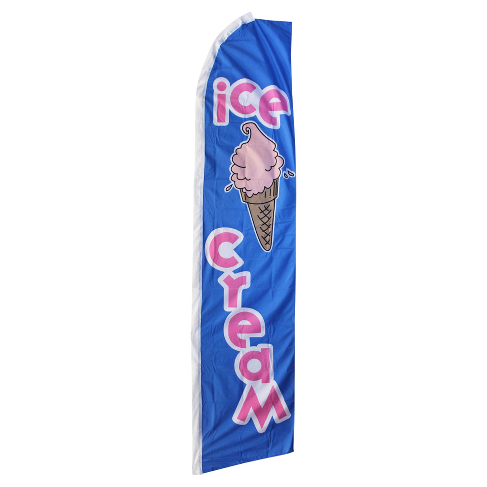 Blue feather flag with pink 'ice cream' text and an ice cream cone graphic on a white background