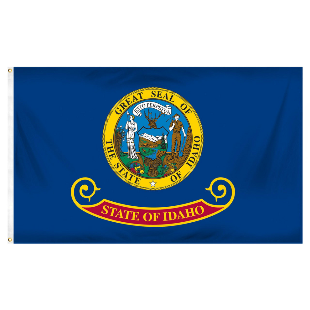 State of Idaho flag featuring the full-color state seal with the text 'ESTO PERPETUA' on a blue background with the 'State of Idaho' red and gold banner.