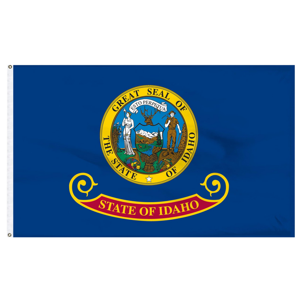 State of Idaho flag featuring the full-color state seal with the text 'ESTO PERPETUA' on a blue background with the 'State of Idaho' red and gold banner.