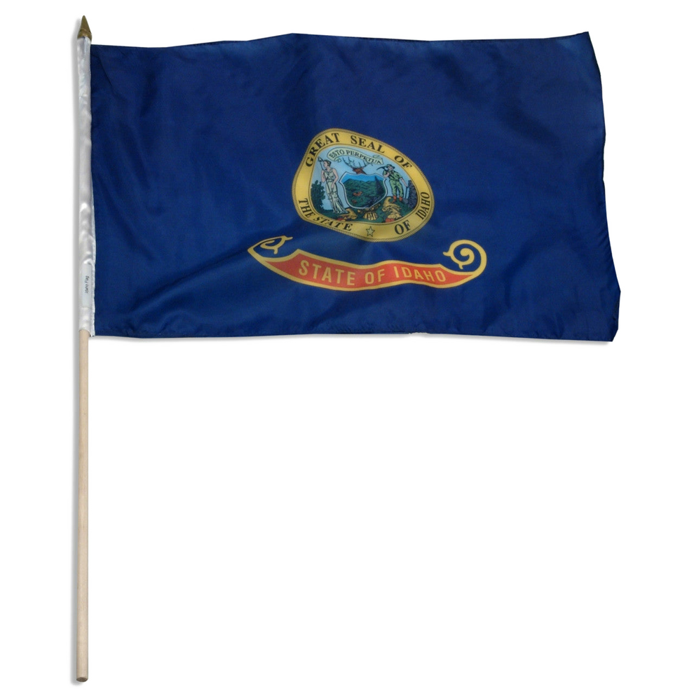 State of Idaho stick flag featuring the full-color state seal with the text 'ESTO PERPETUA' on a blue background with the 'State of Idaho' red and gold banner.