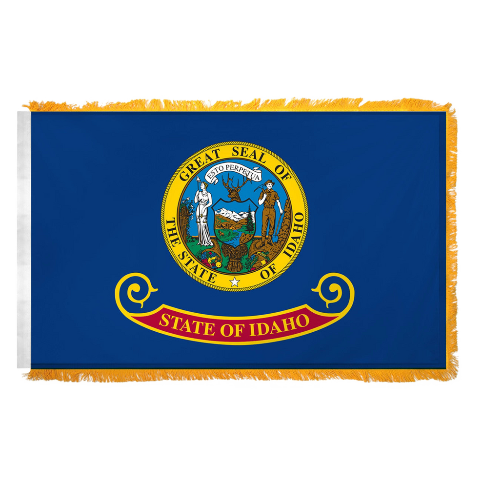 State of Idaho flag featuring the full-color state seal with the text 'ESTO PERPETUA' on a blue background with the 'State of Idaho' red and gold banner. Flag features yellow fringe.