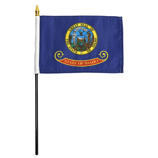 State of Idaho stick flag featuring the full-color state seal with the text 'ESTO PERPETUA' on a blue background with the 'State of Idaho' red and gold banner.