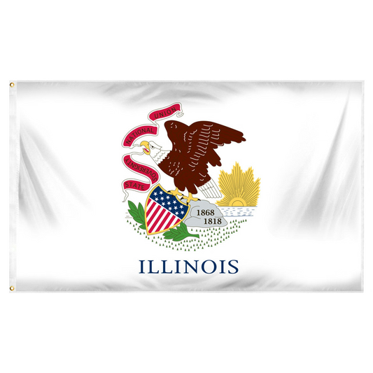 State of Illinois white flag featuring the Illinois state seal centered, depicting a bald eagle perched on a rock holding a red banner in its beak with the text 'STATE', 'SOVEREIGNTY', 'NATIONAL', 'UNION'. The rock features the dates '1818' and '1868', and the word 'ILLINOIS' is printed in large black all-caps letters directly below the seal.