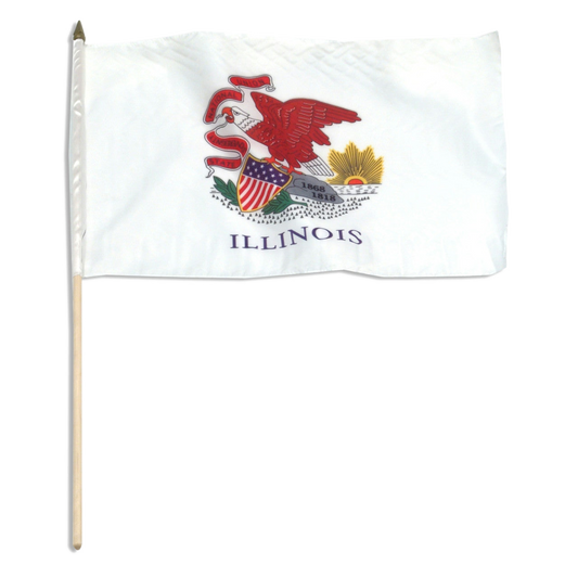 State of Illinois white stick flag featuring the Illinois state seal centered, depicting a bald eagle perched on a rock holding a red banner in its beak with the text 'STATE', 'SOVEREIGNTY', 'NATIONAL', 'UNION'. The rock features the dates '1818' and '1868', and the word 'ILLINOIS' is printed in large black all-caps letters directly below the seal.