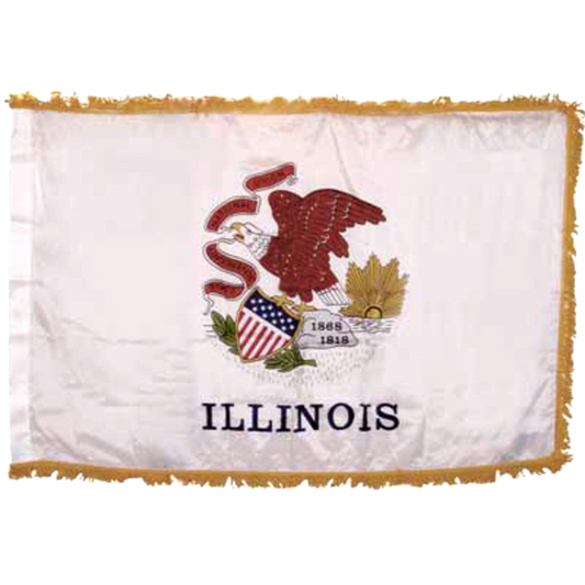 State of Illinois white flag featuring the Illinois state seal centered, depicting a bald eagle perched on a rock holding a red banner in its beak with the text 'STATE', 'SOVEREIGNTY', 'NATIONAL', 'UNION'. The rock features the dates '1818' and '1868', and the word 'ILLINOIS' is printed in large black all-caps letters directly below the seal.  This flag features yellow fringe.