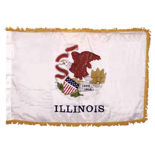 State of Illinois white flag featuring the Illinois state seal centered, depicting a bald eagle perched on a rock holding a red banner in its beak with the text 'STATE', 'SOVEREIGNTY', 'NATIONAL', 'UNION'. The rock features the dates '1818' and '1868', and the word 'ILLINOIS' is printed in large black all-caps letters directly below the seal.  This flag features yellow fringe.