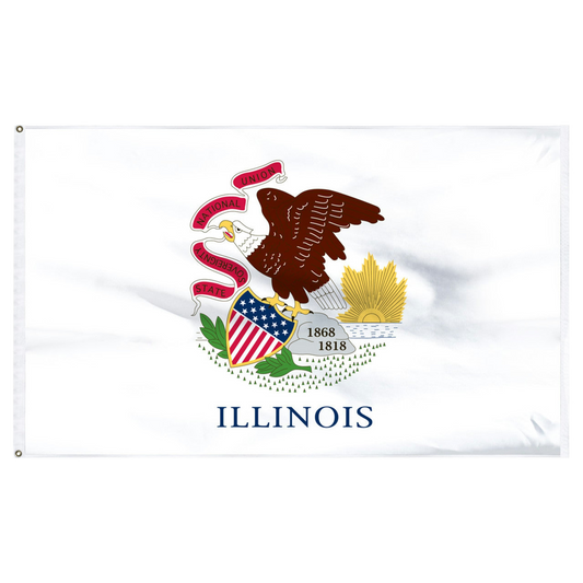 State of Illinois white flag featuring the Illinois state seal centered, depicting a bald eagle perched on a rock holding a red banner in its beak with the text 'STATE', 'SOVEREIGNTY', 'NATIONAL', 'UNION'. The rock features the dates '1818' and '1868', and the word 'ILLINOIS' is printed in large black all-caps letters directly below the seal.