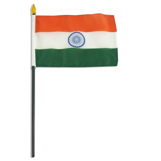 Flag of India with three horizontal stripes: orange, white, and green, featuring a blue wheel in the center.