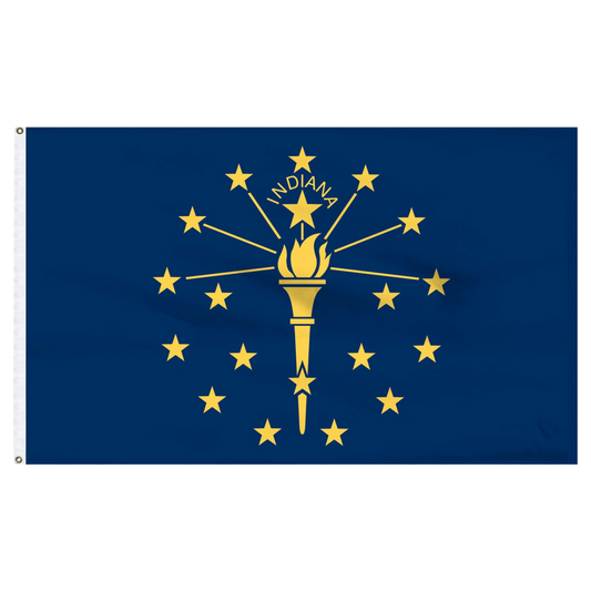 State of Indiana flag featuring the gold torch, nineteen gold stars, and the 'Indiana' text on a solid blue field.