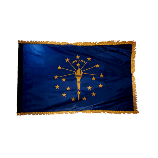 Flag of Indiana with gold emblem and stars on a blue background