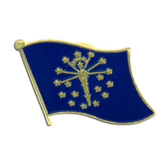 Blue Indiana flag pin with gold emblem on a white background