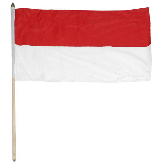 Indonesian red and white flag on a wooden stick against a white background