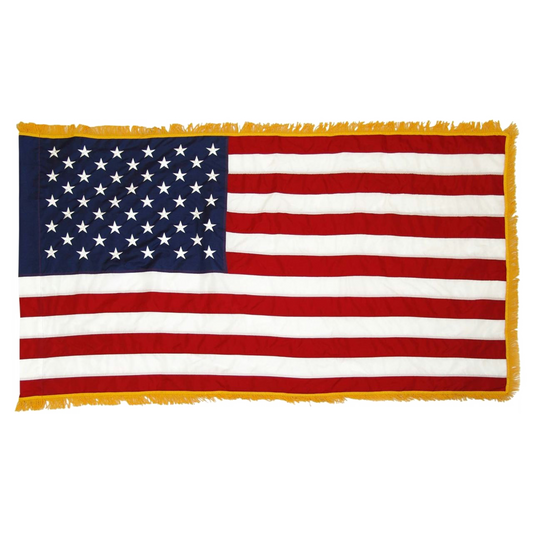American flag with a yellow fringe border on a white background