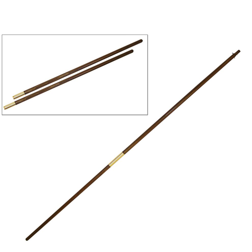 A wooden flagpole with two components shown both separately and assembled