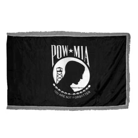 Black blanket with POW*MIA logo and text with grey fringe on a white background