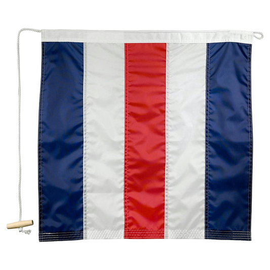 Flag with blue, white, and red stripes on a white background