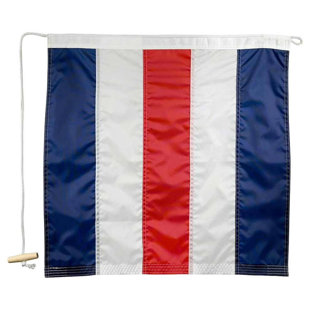 Flag with blue, white, and red stripes on a white background