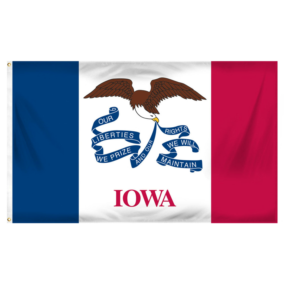 State of Iowa flag featuring three vertical stripes of blue, white, and red, with the center white stripe being wider than the outer two. In the center white field, a bald eagle flies carrying a long, waving blue streamer in its beak that reads 'OUR LIBERTIES WE PRIZE AND OUR RIGHTS WE WILL MAINTAIN'. Directly below the streamer, the word 'IOWA' is printed in large, red all-caps letters.