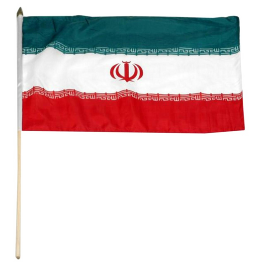 Flag of Iran with green, white, and red and a central red emblem
