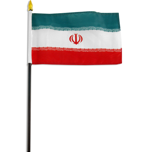 Flag of Iran with green, white, and red and a central red emblem