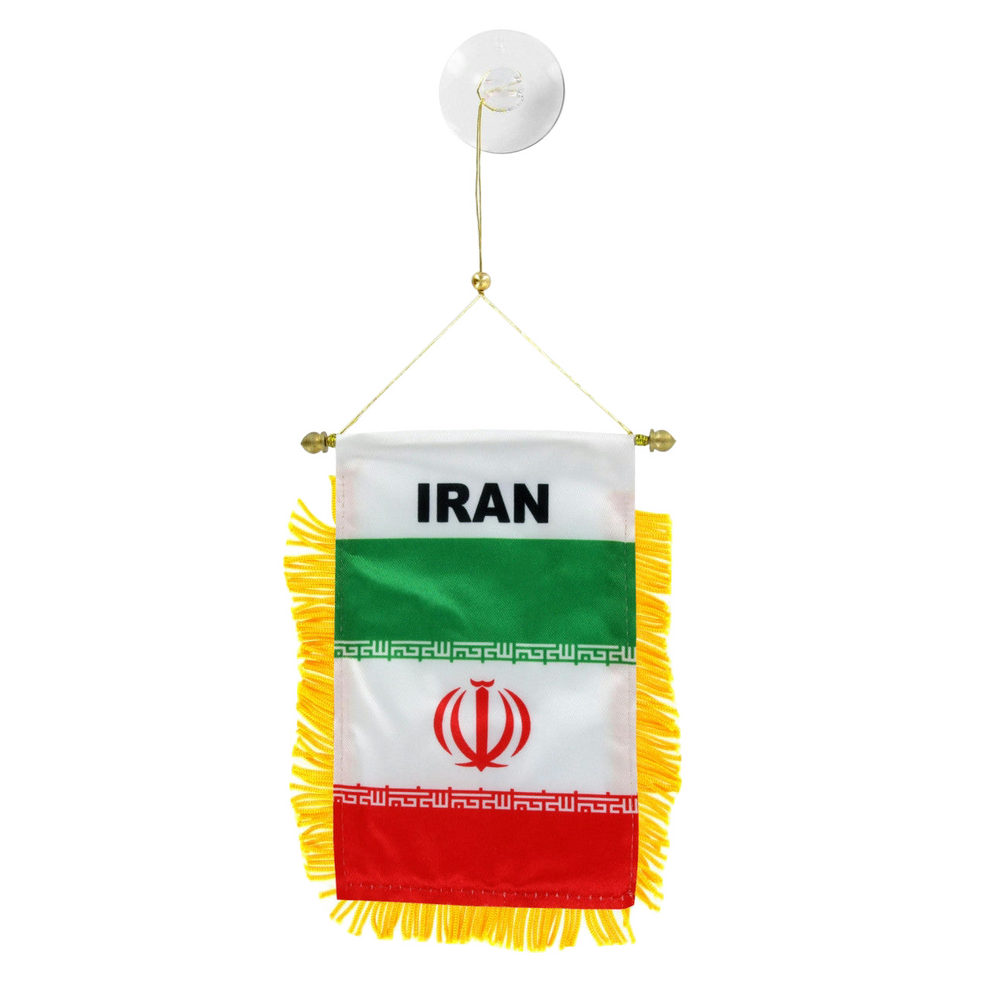 Miniature flag of Iran with yellow fringe on a white background