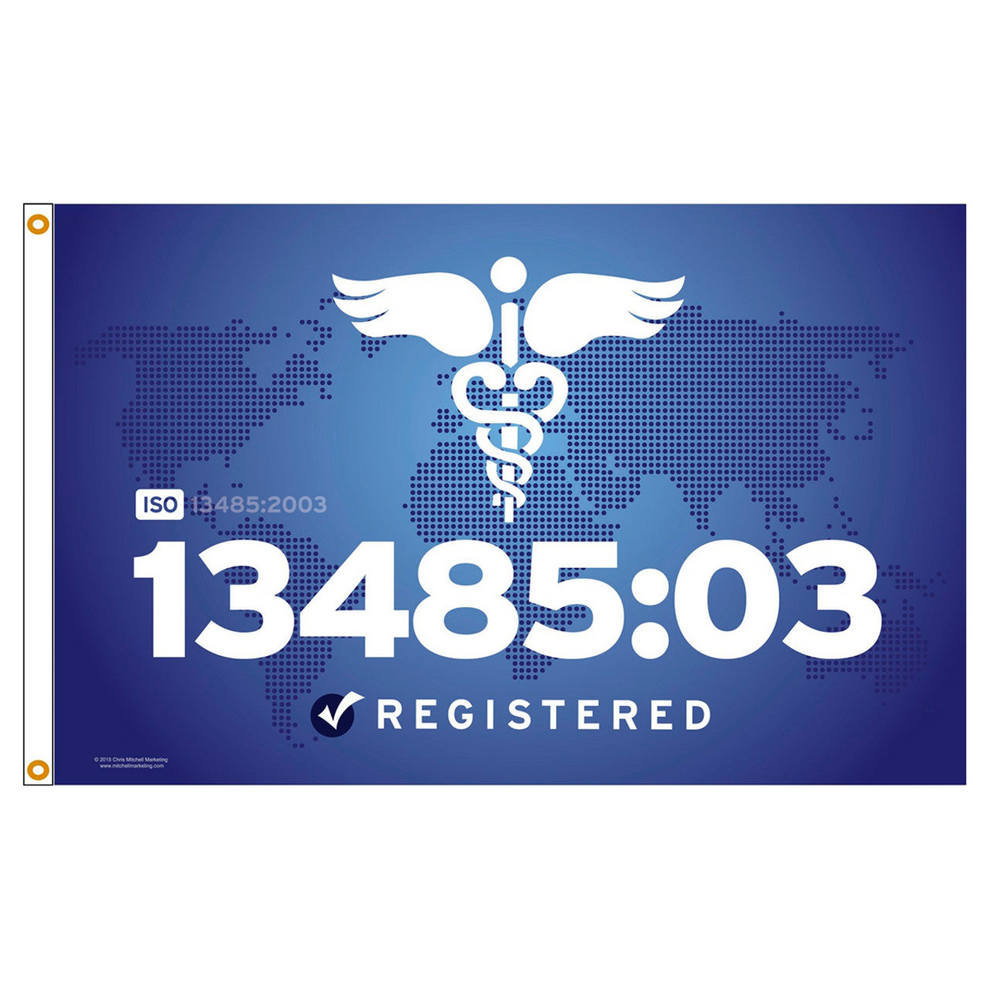 Flag with ISO 13485:2003 registration details on a blue background