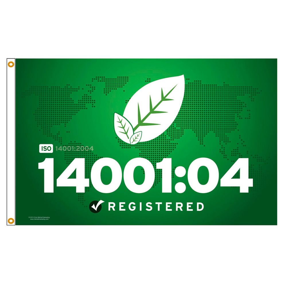 Green banner with ISO 14001:04 certification logo and text on a white background