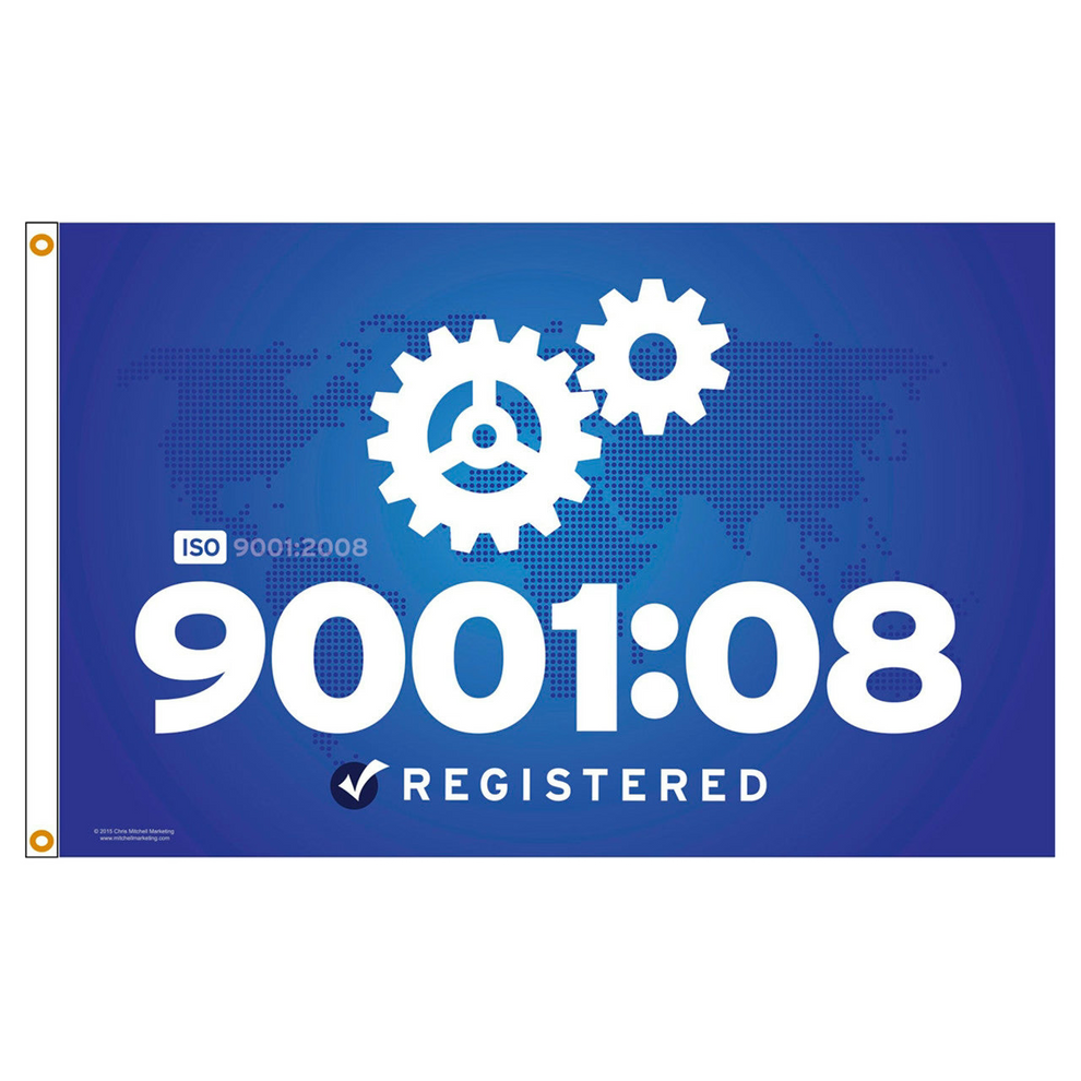 ISO 9001:2008 registered banner with gears on a blue background