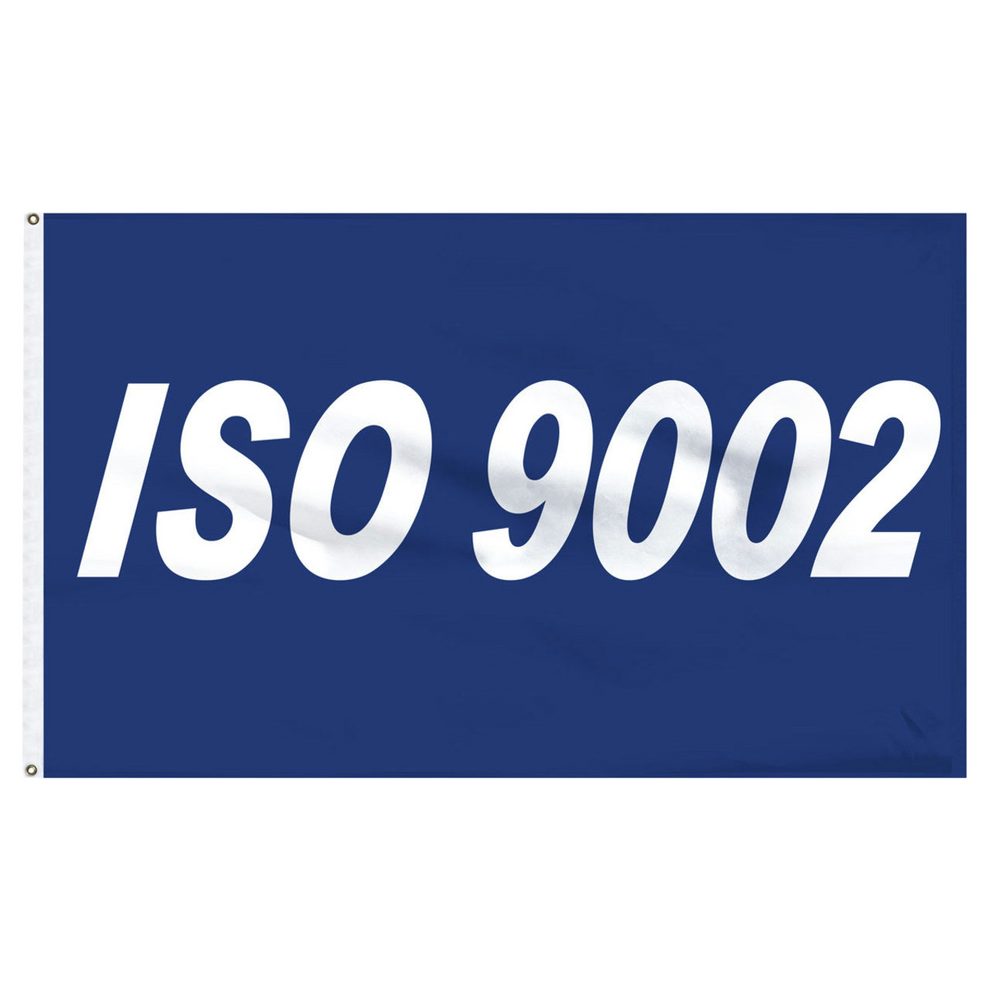 Blue banner with 'ISO 9002' text on a white background