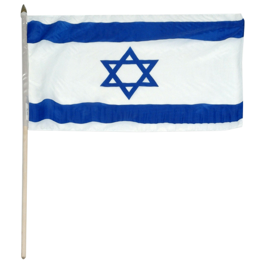 White flag of Israel with two blue horizontal stripes with one on the top and one on the bottom.  A blue Star of David is in the center of the flag.
